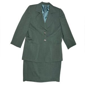 Vintage Green Gray Two Piece Skirt Suit Matching Set Blazer Big Pockets